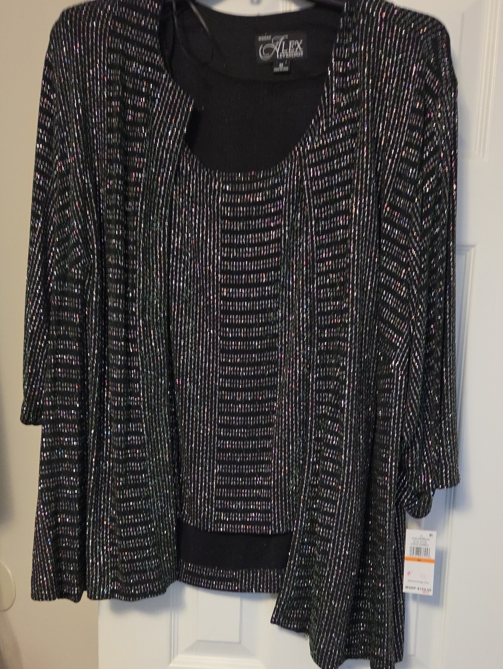 Alex Evenings Black Multi-Colored Metallic Ribbed Open-Front Sweater Set